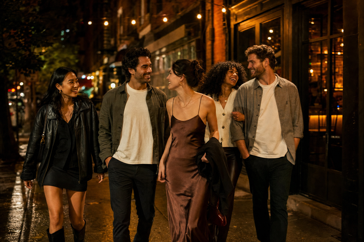 A small group of singles laughing together as they walk along a warm-lit Jersey City street after dinner, heading toward a cocktail bar