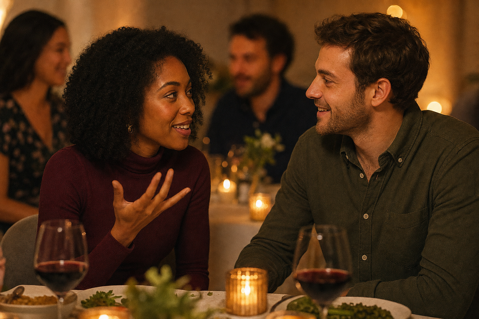 Two singles in their late 20s leaning across a candlelit restaurant table, smiling and mid-conversation