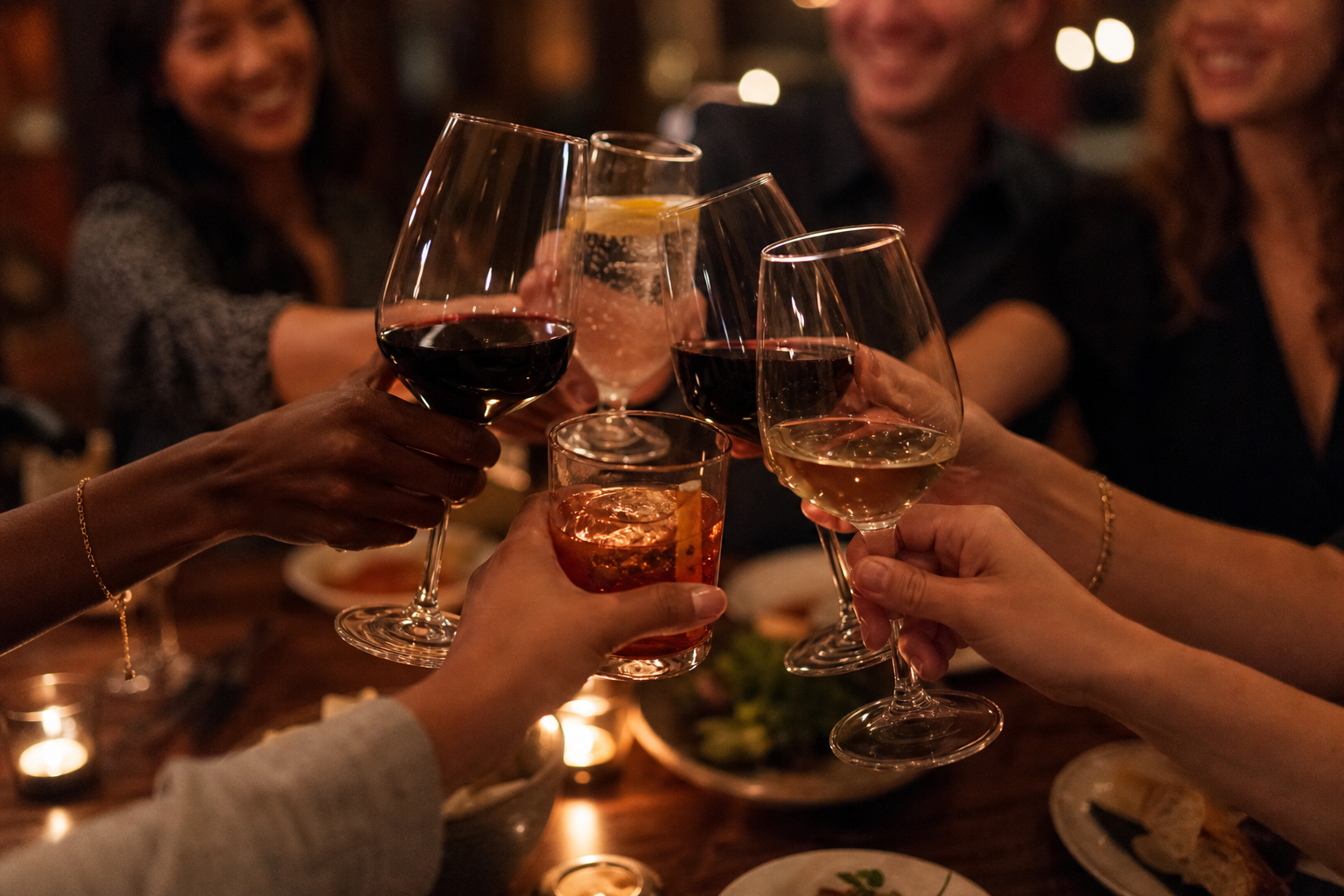 Five hands raising wine glasses and cocktails together over candlelight at a small-group dinner