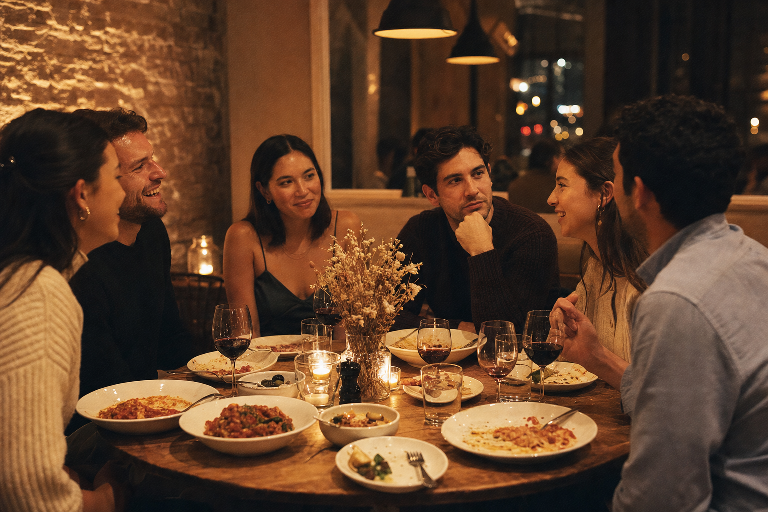 A small group of six diverse singles in their late 20s and early 30s laughing around a candlelit dinner table at a Jersey City restaurant